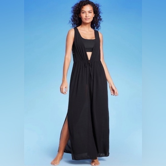 Kona Sol Other - Kona Sol Black Sleeveless Open Front Swim Coverup Maxi w/ Drawstring Waist, L/XL
